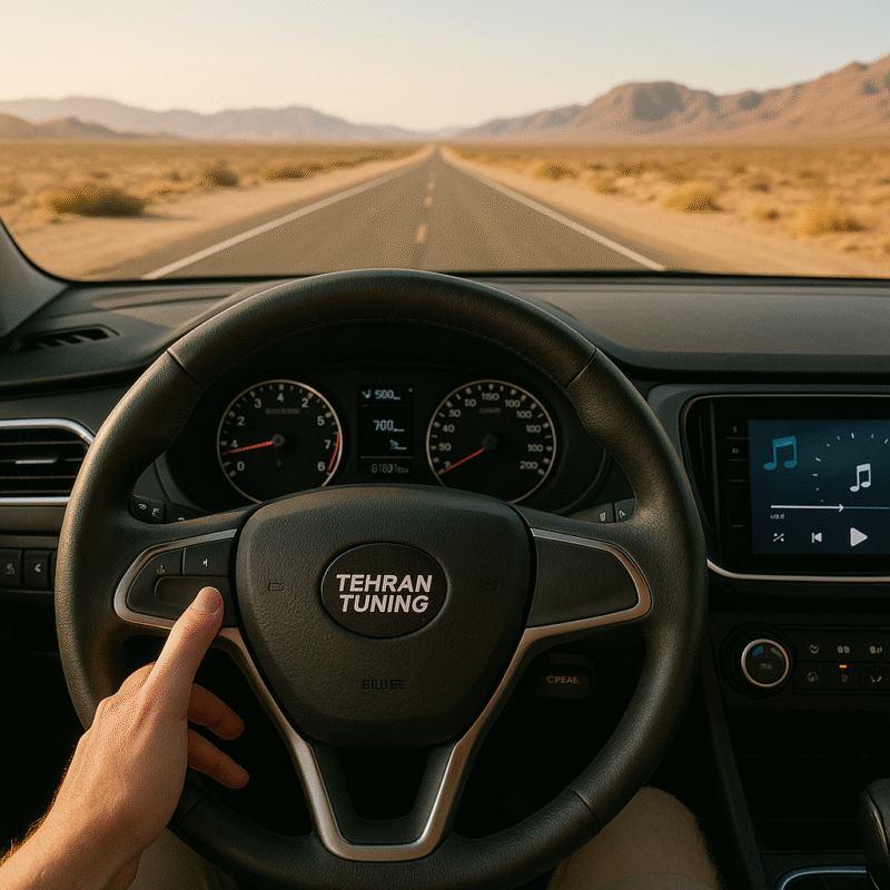 تصویر کاور"فعال بودن کروز کنترل در خودروی ایرانی در جاده کویری خلوت با لوگوی تهران تیونینگ روی فرمان – مقاله معرفی و مزایای کروز کنترل