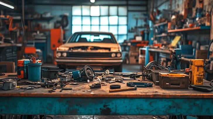 مکانیک در حال بررسی و نگهداری خودرو در کارگاه