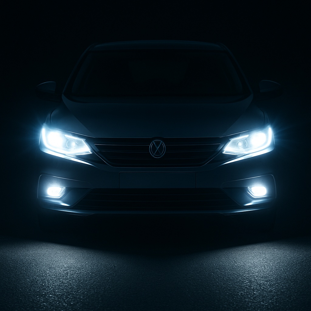 نمای جلوی یک خودرو مدرن با چراغ هدلایت LED پرقدرت که نور سفید و شفاف خود را در شب روی جاده می‌تاباند، نشان‌دهنده قدرت نوردهی و کیفیت بالای هدلایت خودرو