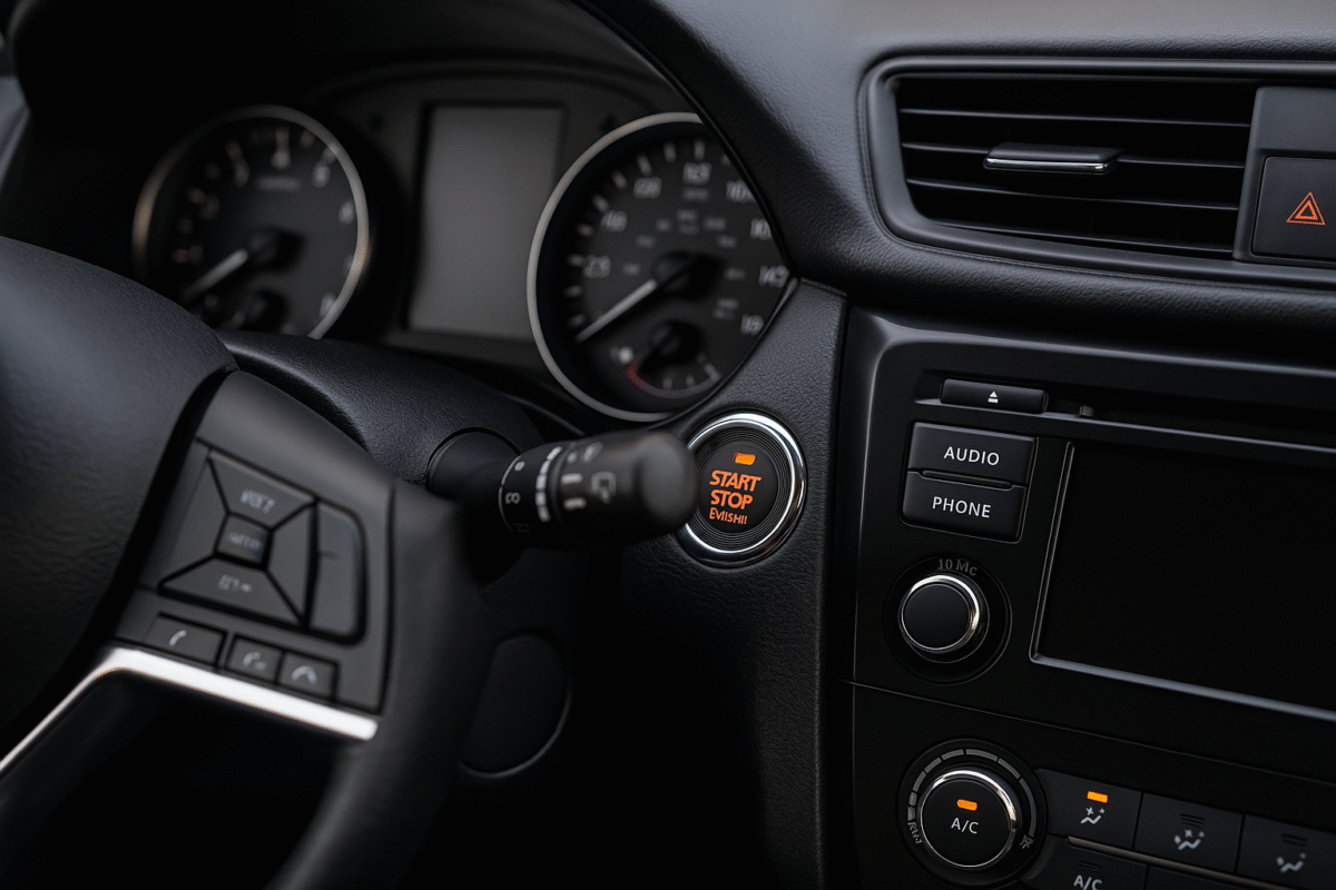 نمای نزدیک از دکمه Start/Stop در یک خودرو مدرن با داشبورد و فرمان مشکی.