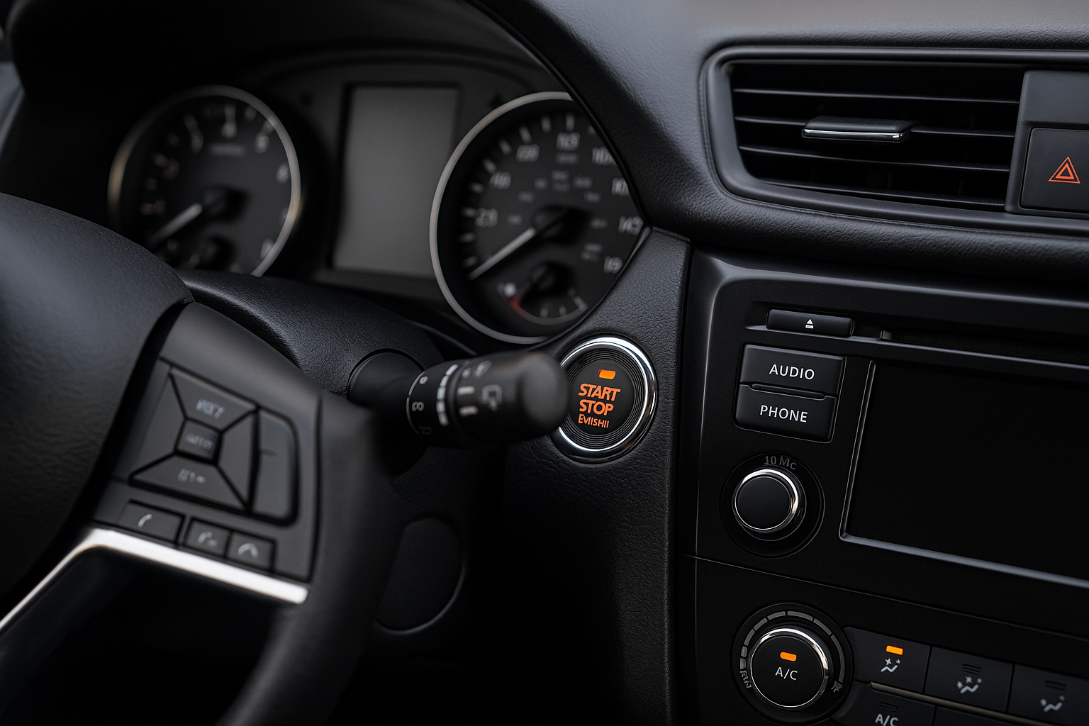 نمای نزدیک از دکمه Start/Stop در یک خودرو مدرن با داشبورد و فرمان مشکی.